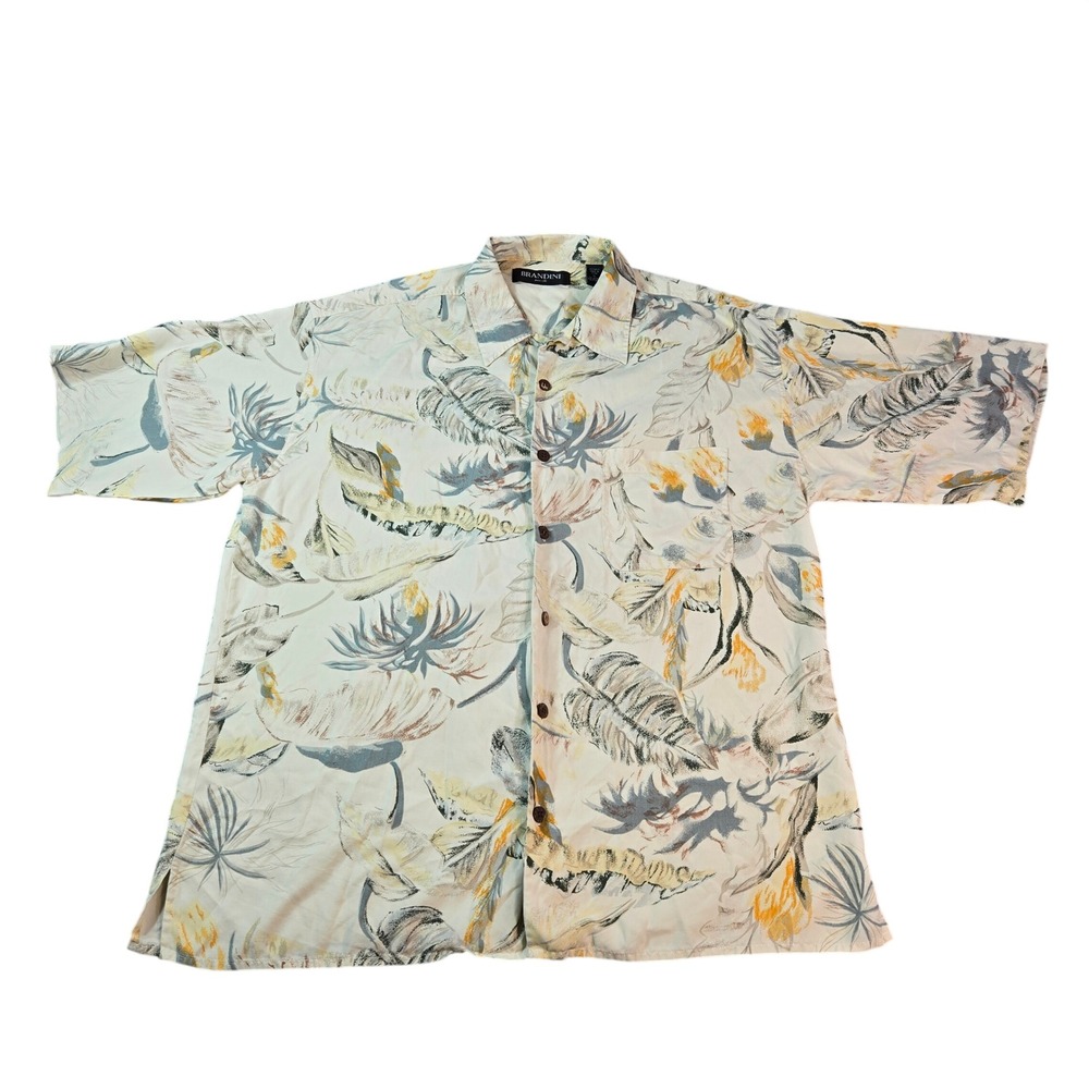 Brandini Pure Silk Mens XL Tropical Floral Button Down Shirt Short Sleeve Cream